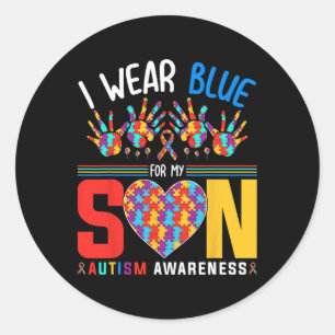 I Wear Blue For My Son Autism Awareness Puzzle Hea Classic Round Sticker