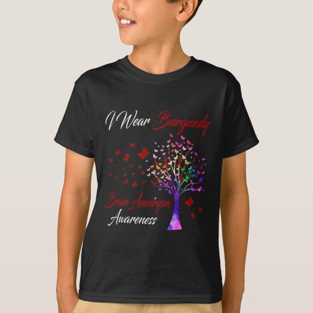 I Wear Burgundy Brain Aneurysm Awareness Tree Ribb T-Shirt (Front)