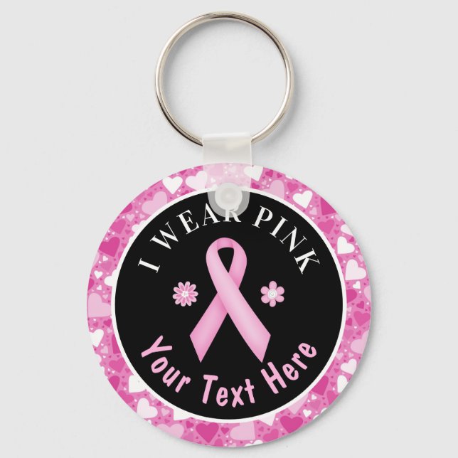 I Wear Pink Breast Cancer Awareness Hearts Keychai Key Ring (Front)