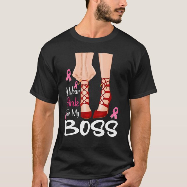 I Wear Pink For My Boss Ribbon Melanin Black Woman T-Shirt (Front)