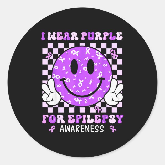 I Wear Purple For Elepsy Awareness Smile Face Emle Classic Round Sticker (Front)