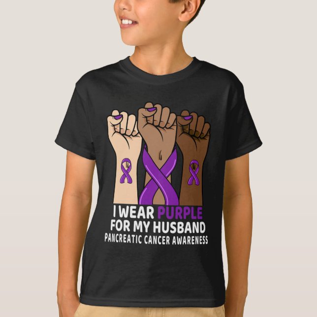 I Wear Purple For My Husband Hand Pancreatic Cance T-Shirt (Front)