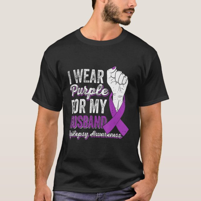 I Wear Purple For My Husband Ribbon Epilepsy Aware T-Shirt (Front)