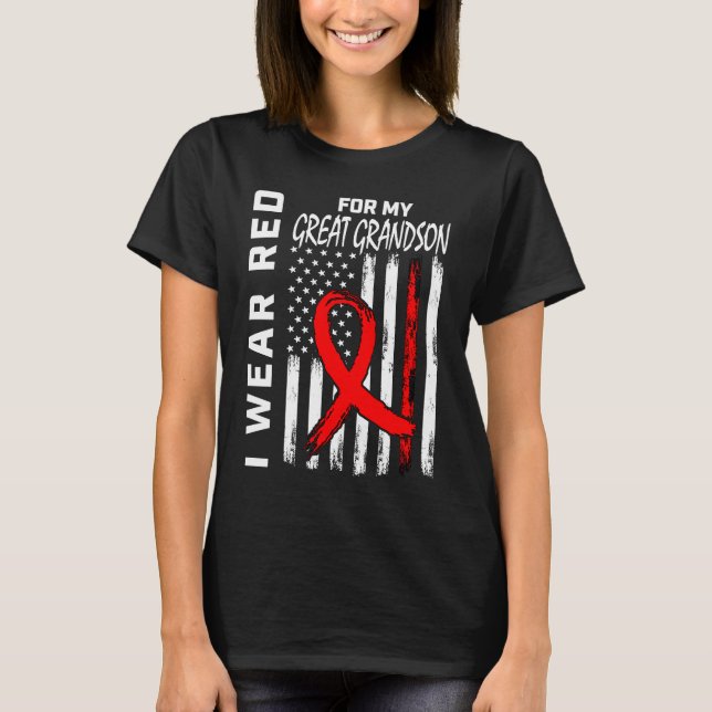 I Wear Red For Great Grandson Heart Disease Awaren T-Shirt (Front)