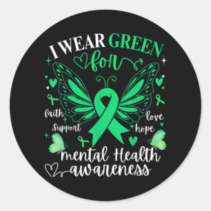 I Wear Ribbon Green Butterfly Heart Mental Health  Classic Round Sticker