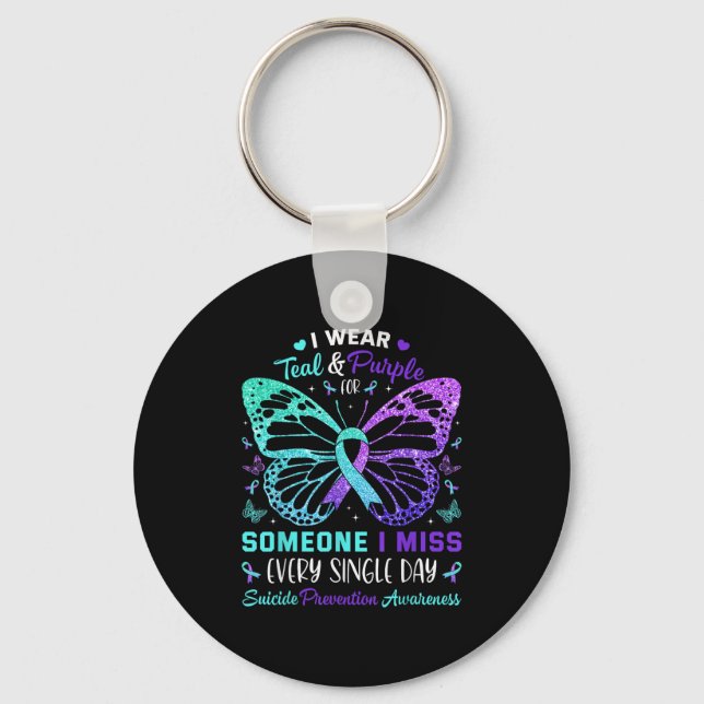 I Wear Teal &amp; Purple Butterfly Suicide Prevent Key Ring (Front)