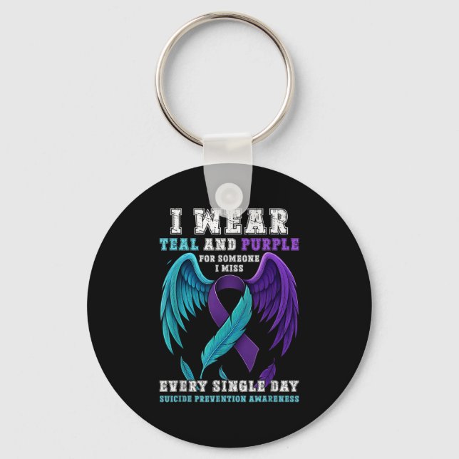 I Wear Teal &amp; Purple Ribbon Suicide Prevention Key Ring (Front)