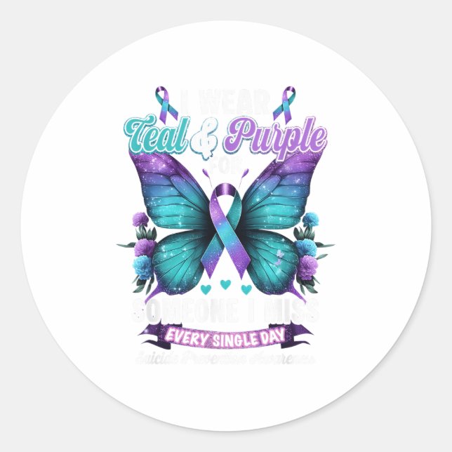 I Wear Teal &amp; Purple Suicide Prevention Awaren Classic Round Sticker (Front)