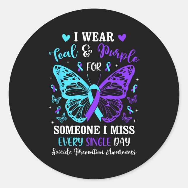 I Wear Teal &amp; Purple Suicide Prevention Awaren Classic Round Sticker (Front)