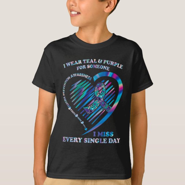 I Wear Teal and Purple Heart Suicide Prevention Aw T-Shirt (Front)