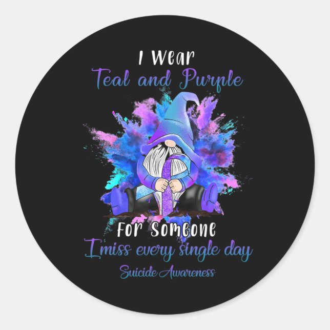 I Wear Teal Purple For Someone Gnome Suicide Aware Classic Round Sticker (Front)
