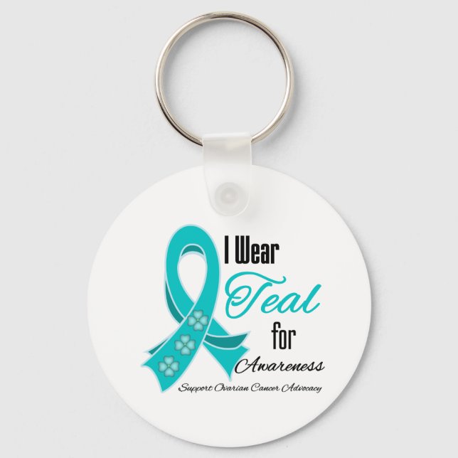 I Wear Teal Ribbon Ovarian Cancer Awareness Key Ring (Front)