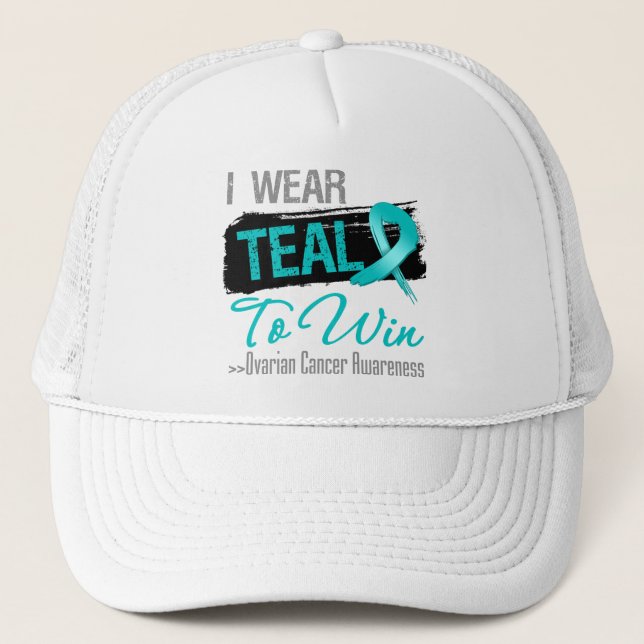 I Wear Teal Ribbon To Win - Ovarian Cancer Trucker Hat (Front)