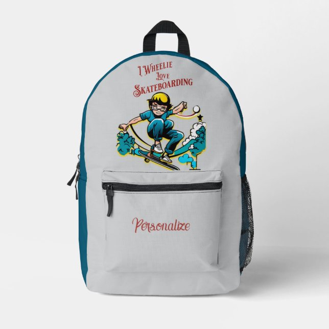 I Wheelie Love Skateboarding Quote Boy Personalise Printed Backpack (Front)