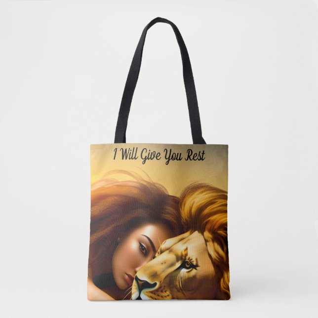I Will Give You Rest Bible Passage Lion and Woman Tote Bag (Front)