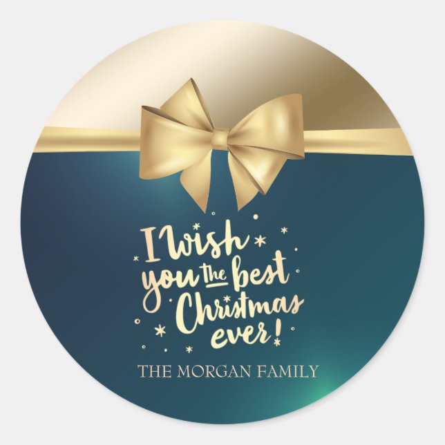 I Wish You The Best Christmas Ever Gold Bow Green Classic Round Sticker (Front)
