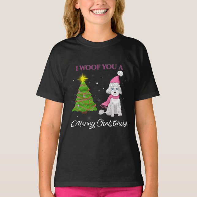 I Woof You a Merry Christmas Cute Poodle T-Shirt (Front)