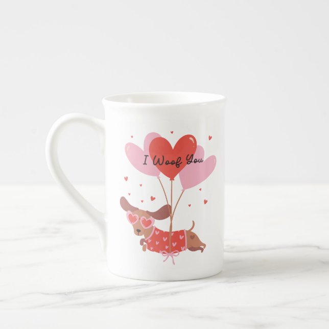 I Woof You Cute Dachshund Dog Red Heart Balloons Bone China Mug (Left)