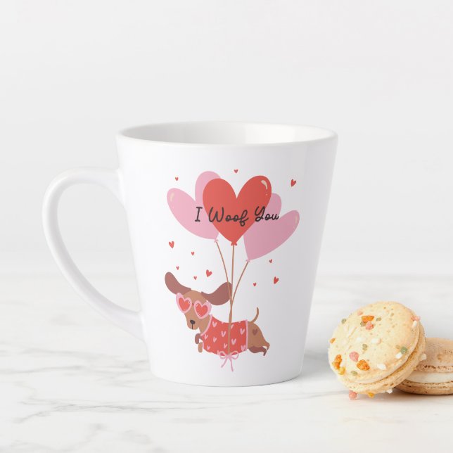 I Woof You Cute Dachshund Dog Red Heart Balloons Latte Mug (In Situ)