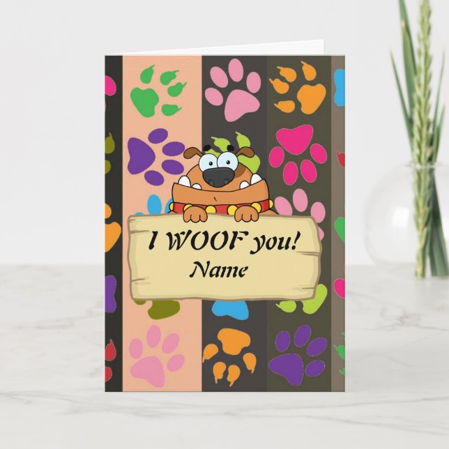 I WOOF you! Funny Dog cartoon LOVE personalized Holiday Card (Front)