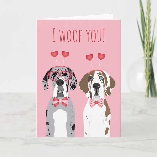 I Woof You Great Dane Dogs Pink Red Holiday Card (Front)