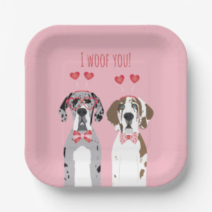 I Woof You Great Dane Dogs Pink Red Paper Plate