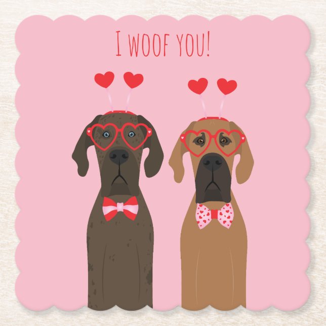 I Woof You Valentines Day Great Dane Dogs Paper Coaster (Front)