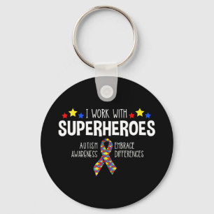 I Work With Superheroes -- Autism Awareness -- Emb Key Ring