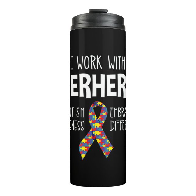 I Work With Superheroes -- Autism Awareness -- Emb Thermal Tumbler (Front)
