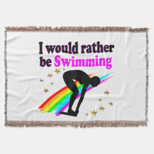 I WOULD RATHER BE SWIMMING PINK RAINBOW DESIGN THROW BLANKET