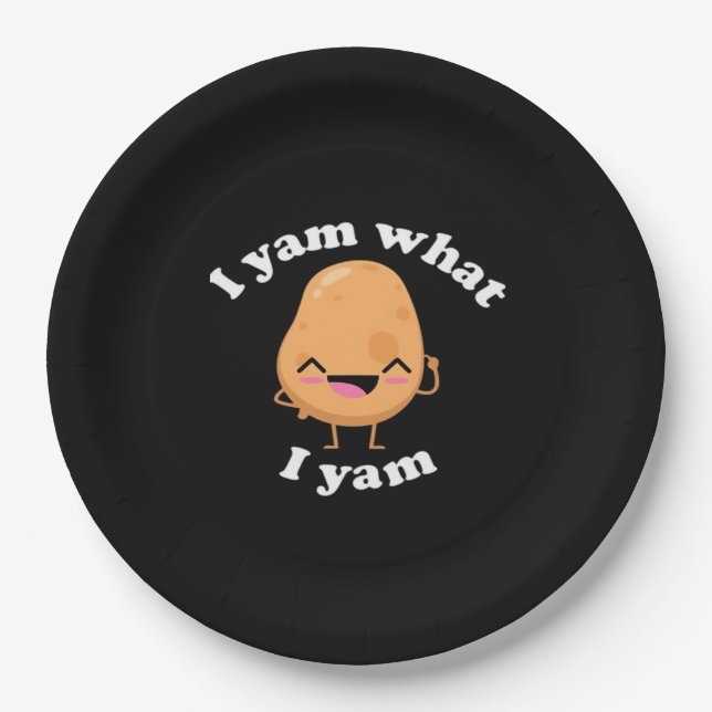 I Yam What I Yam, Cute Vegetarian Thanksgiving Pot Paper Plate (Front)