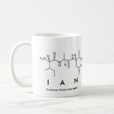 Mug featuring the name Ian spelled out in the single letter amino acid code