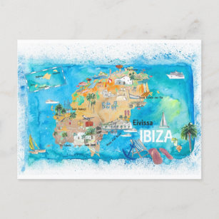 Ibiza Spain Illustrated Map with Landmarks  Postcard