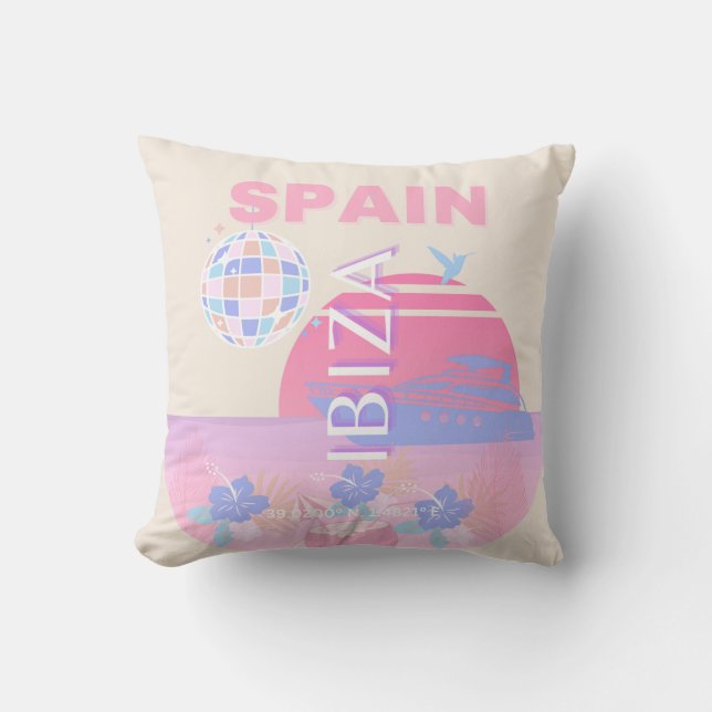 Ibiza, Spain, Travel Art, Preppy Art, Pink Cushion (Front)