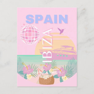 Ibiza, Spain, Travel Art, Preppy Art, Pink Holiday Postcard