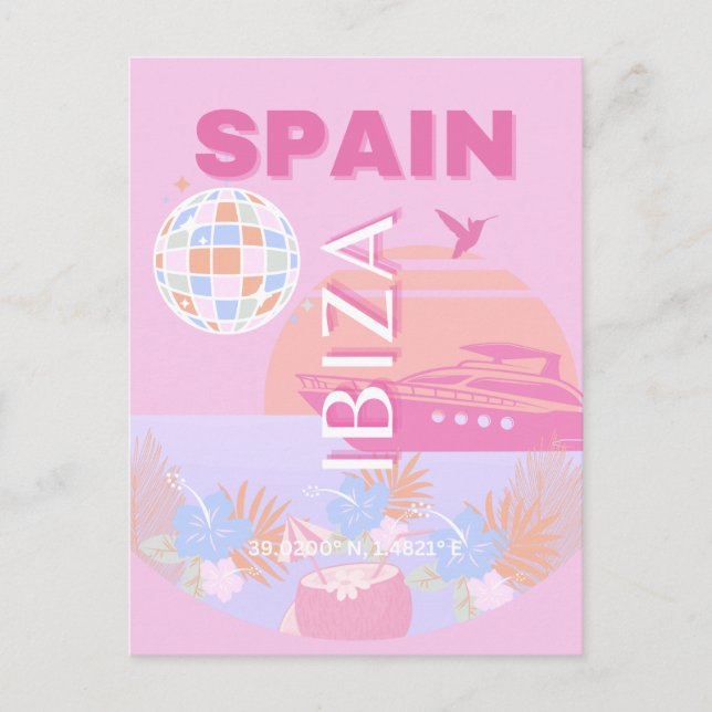 Ibiza, Spain, Travel Art, Preppy Art, Pink Holiday Postcard (Front)