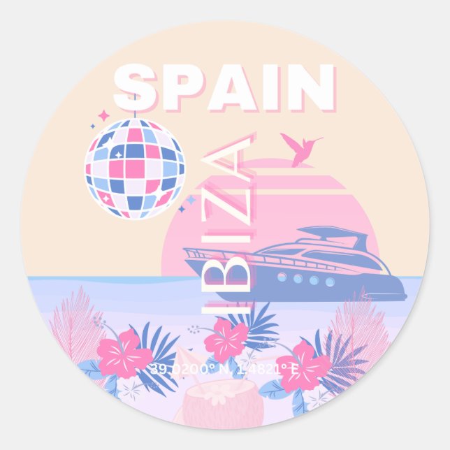 Ibiza, Spain, Travel Art, Preppy Art, Pink, Pastel Classic Round Sticker (Front)
