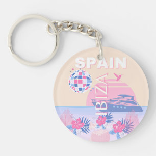Ibiza, Spain, Travel Art, Preppy Art, Pink, Pastel Key Ring