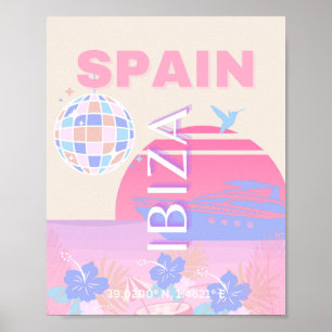 Ibiza, Spain, Travel Art, Preppy Art, Pink Poster