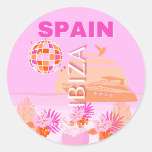 Ibiza, Spain, Travel Art, Preppy Art, Pink, Preppy Classic Round Sticker