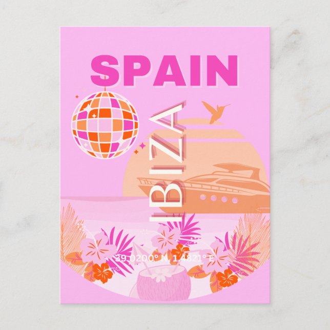 Ibiza, Spain, Travel Art, Preppy Art, Pink, Preppy Holiday Postcard (Front)