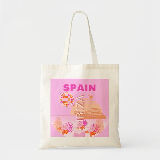 Ibiza, Spain, Travel Art, Preppy Art, Pink, Preppy Tote Bag (Front)