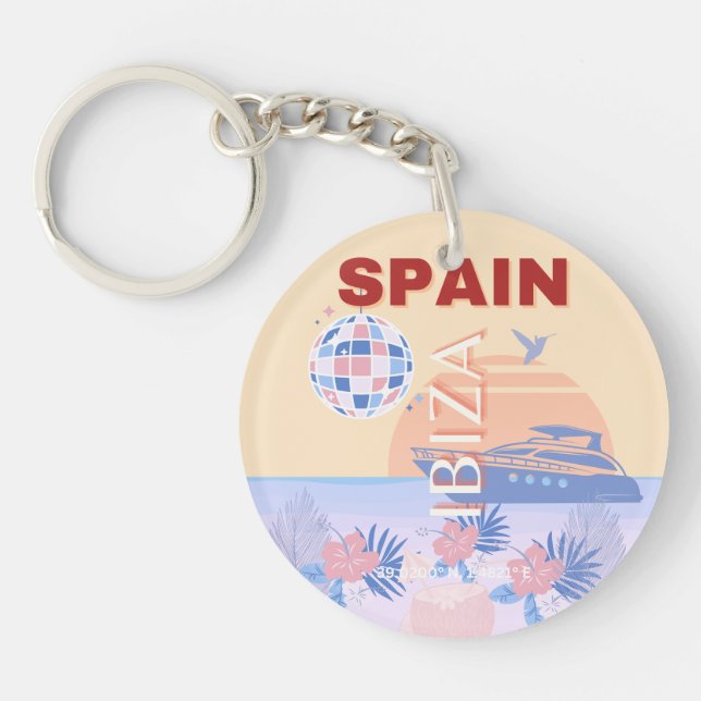 Ibiza, Spain, Travel Art, Retro Art, Pastel Key Ring (Front)