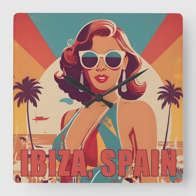 Ibiza, Spain Travel Poster Square Wall Clock (Front)