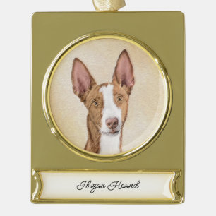 Ibizan Hound Painting - Cute Original Dog Art Gold Plated Banner Ornament