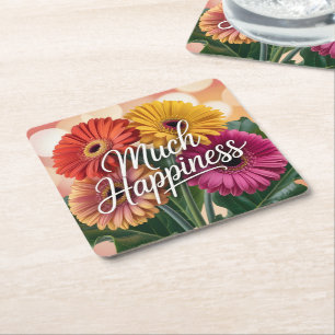 ibrant Gerbera Daisy Bouquet with "Much Happiness" Square Paper Coaster