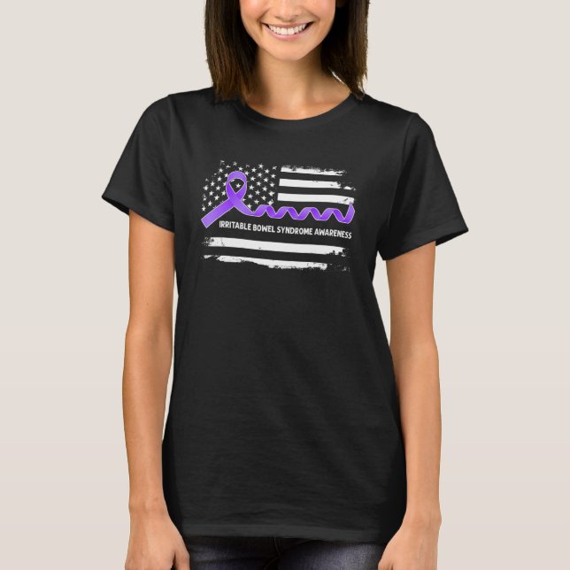 IBS Awareness American Flag   Purple Ribbon T-Shirt (Front)