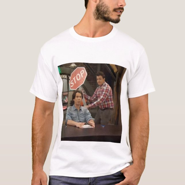 iCarly Gibby hitting spencer with a stop sign T-Shirt (Front)
