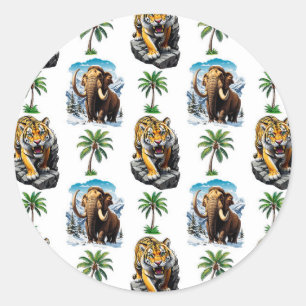 Ice Age Mammoth Sabertooth Tiger Pattern Design Classic Round Sticker