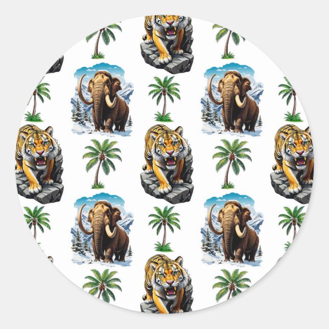 Ice Age Mammoth Sabertooth Tiger Pattern Design  Classic Round Sticker (Front)